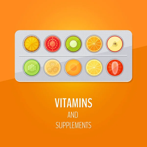 Envase blister de pastillas con fruta. Vitaminas y suplementos. Estilo plano, ilustración vectorial . — Vector de stock