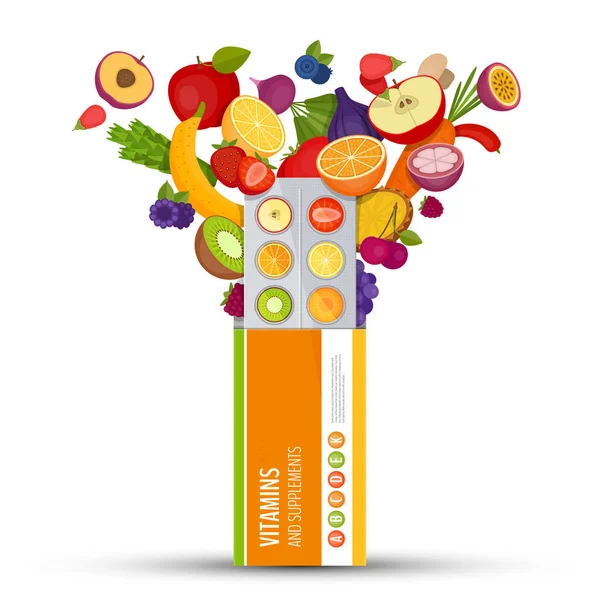 Blisterverpakking van pillen met fruit. Vitaminen en supplementen. Vlakke stijl, vectorillustratie. — Stockvector