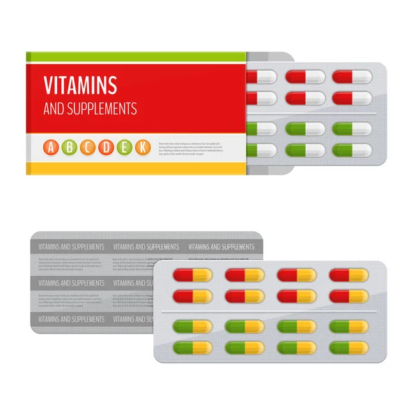 Blister paquete de pastillas. Vitaminas y suplementos. Estilo plano, ilustración vectorial . — Vector de stock
