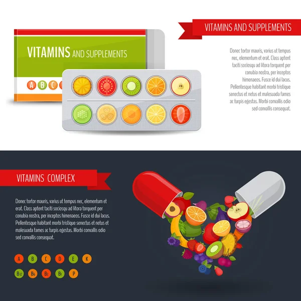 Blistrové balení pilulek s ovocem. Vitamíny a doplňky stravy. Zdravotní péče nápis. Plochý, vektorové ilustrace. — Stockový vektor
