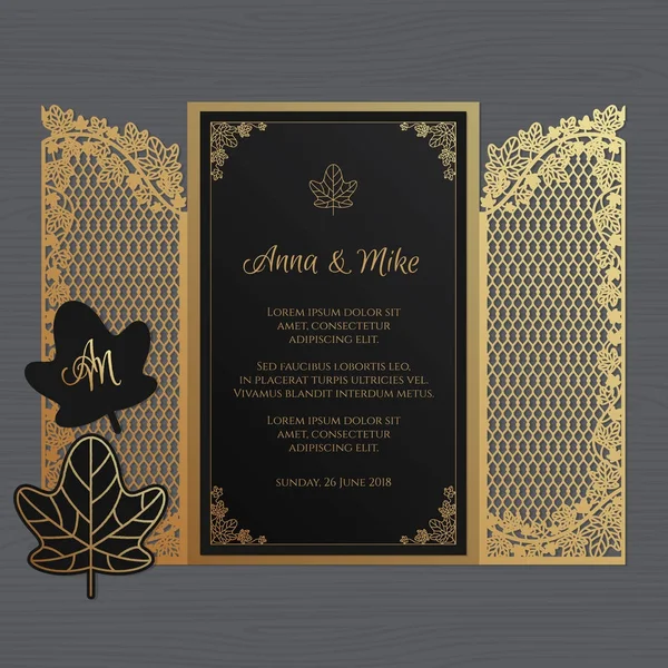 Convite de casamento ou cartão de saudação com o portão e hera. Modelo de envelope de renda de papel. Casamento convite envelope mock-up para corte a laser. Ilustração vetorial . —  Vetores de Stock