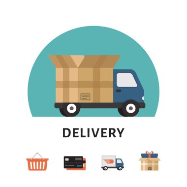 Teslimat araba. Online alışveriş kavramı. Alışveriş simgeler. Düz stil, vektör çizim.