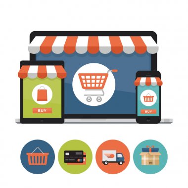 Online alışveriş kavramı. Dizüstü bilgisayar, tablet, telefon ekran ekran satın ile. Alışveriş simgeler. Düz stil, vektör çizim.