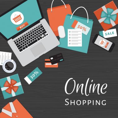 Online alışveriş kavramı. Online mağaza nesneleri ve afiş. Dizüstü bilgisayar, alışveriş torbaları, kredi kartları, hediye ve Kuponlar ile tablo. Düz stil, vektör çizim.