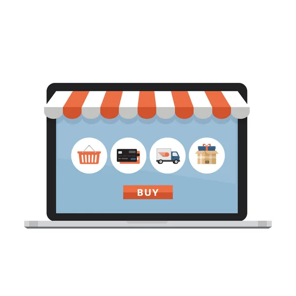 Conceito de compras online. Abra o laptop com tela comprar. Estilo plano, ilustração vetorial . — Vetor de Stock