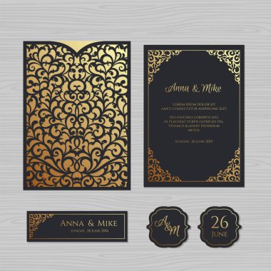 Düğün davetiyesi veya vintage süsleme tebrik kartı. Kağıt dantel zarf şablonu. Davetiye Zarfı mock-up lazer kesim için düğün. Vektör çizim.