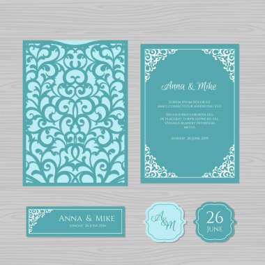 Düğün davetiyesi veya vintage süsleme tebrik kartı. Kağıt dantel zarf şablonu. Davetiye Zarfı mock-up lazer kesim için düğün. Vektör çizim.