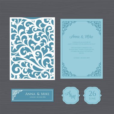 Düğün davetiyesi veya vintage süsleme tebrik kartı. Kağıt dantel zarf şablonu. Davetiye Zarfı mock-up lazer kesim için düğün. Vektör çizim.