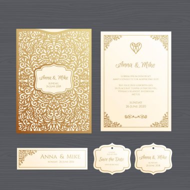 Düğün davetiyesi veya vintage süsleme tebrik kartı. Kağıt dantel zarf şablonu. Davetiye Zarfı mock-up lazer kesim için düğün. Vektör çizim.