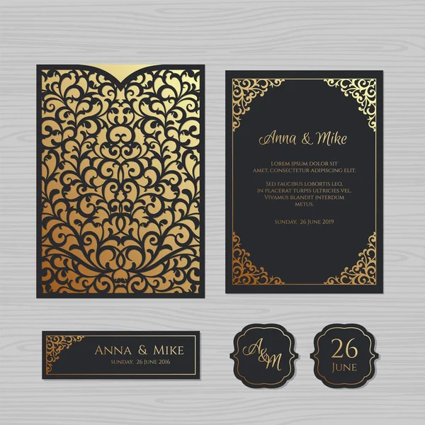 Convite de casamento ou cartão de saudação com ornamento vintage. Modelo de envelope de renda de papel. Casamento convite envelope mock-up para corte a laser. Ilustração vetorial . — Vetor de Stock