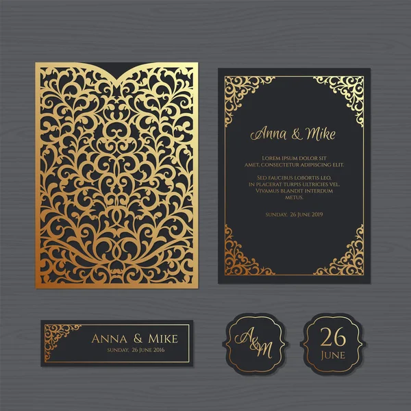 Convite de casamento ou cartão de saudação com ornamento vintage. Modelo de envelope de renda de papel. Casamento convite envelope mock-up para corte a laser. Ilustração vetorial . —  Vetores de Stock