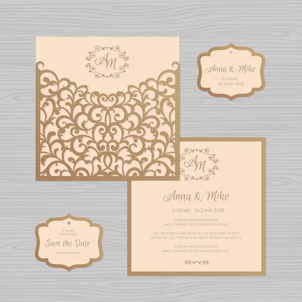 Convite de casamento ou cartão de saudação com ornamento vintage. Modelo de envelope de renda de papel. Casamento convite envelope mock-up para corte a laser. Ilustração vetorial . —  Vetores de Stock