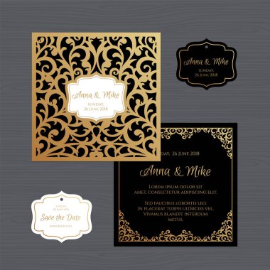 Düğün davetiyesi veya vintage süsleme tebrik kartı. Kağıt dantel zarf şablonu. Davetiye Zarfı mock-up lazer kesim için düğün. Vektör çizim.