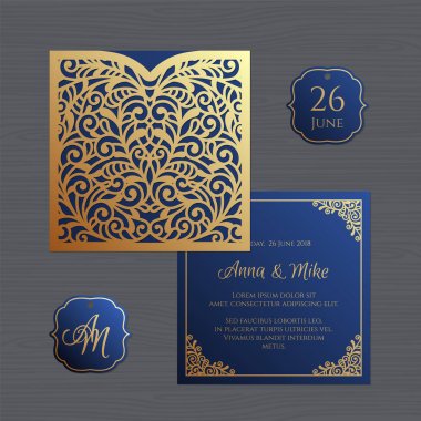 Düğün davetiyesi veya vintage süsleme tebrik kartı. Kağıt dantel zarf şablonu. Davetiye Zarfı mock-up lazer kesim için düğün. Vektör çizim.