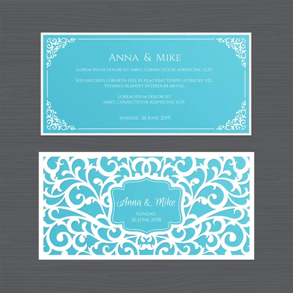 Invitación a la boda o tarjeta de felicitación con adorno vintage. Plantilla sobre de encaje de papel. Envolvente de invitación de boda maqueta para corte por láser. Ilustración vectorial . — Vector de stock