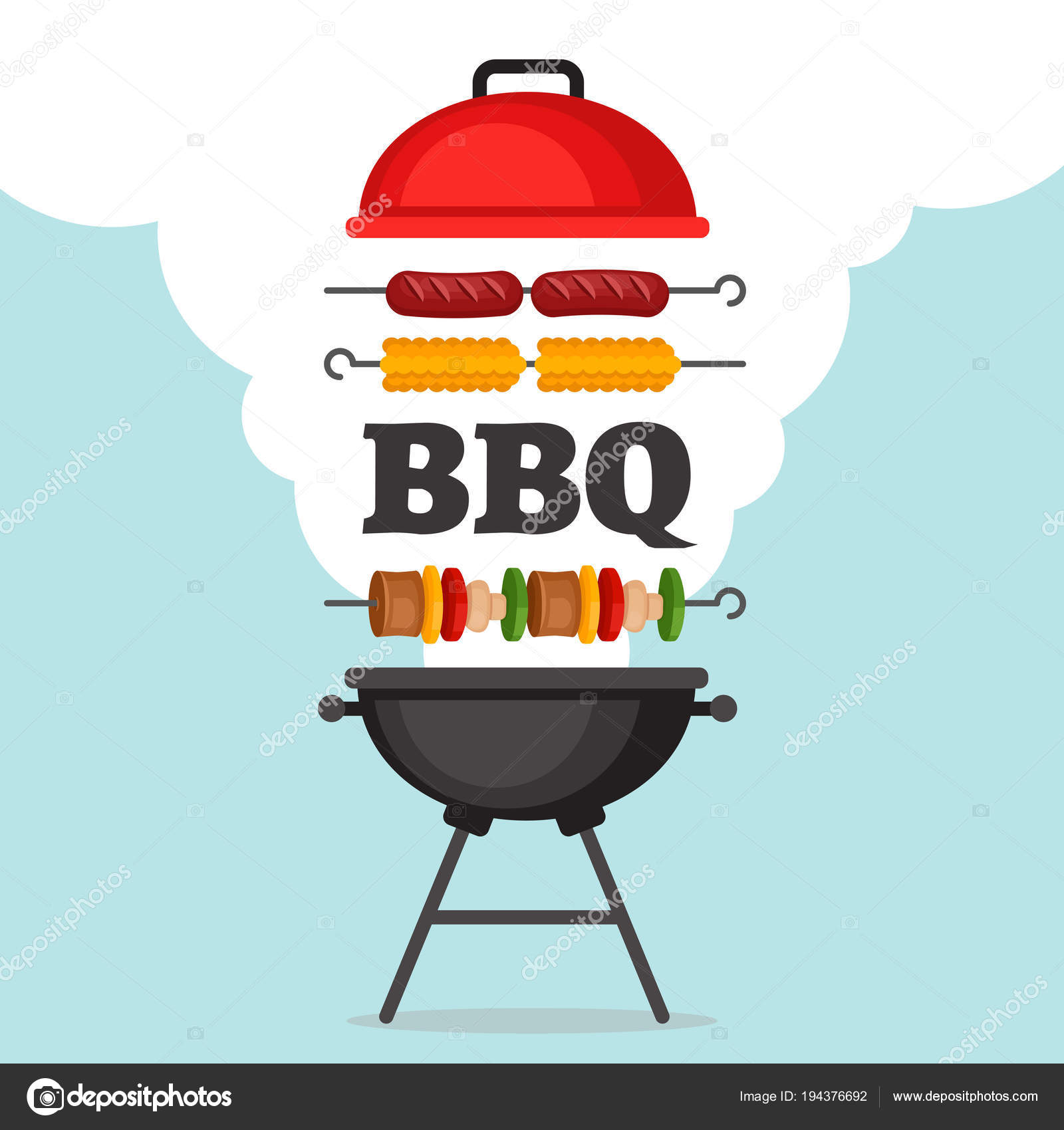BBQpartij achtergrond met grill en brand. Barbecue de poster. Vlakke stijl, vectorillustratie