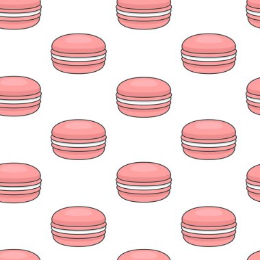 Pembe macaroons ile Seamless modeli. Renkli macarons kek. Düz stil, vektör çizim.