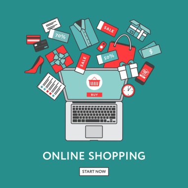 Online alışveriş kavramı. Online mağaza nesneleri ve afiş. Dizüstü bilgisayar, alışveriş torbaları, kredi kartları, hediye ve Kuponlar ile tablo. Düz stil, vektör çizim.