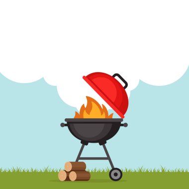 Izgara ve ateş ile Barbekü partisi arka plan. Barbekü poster. Düz stil, vektör çizim. 