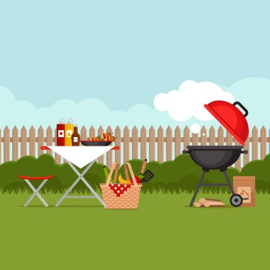 Barbekü partisi arka plan ızgara ile. Barbekü poster. Düz stil, vektör çizim. 