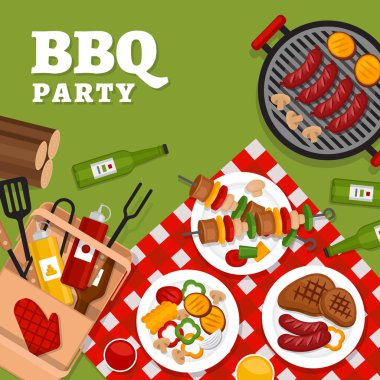 Barbekü partisi arka plan ızgara ile. Barbekü poster. Düz stil, vektör çizim. 
