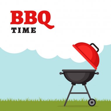 Izgara ve ateş ile Barbekü partisi arka plan. Barbekü poster. Düz stil, vektör çizim. 