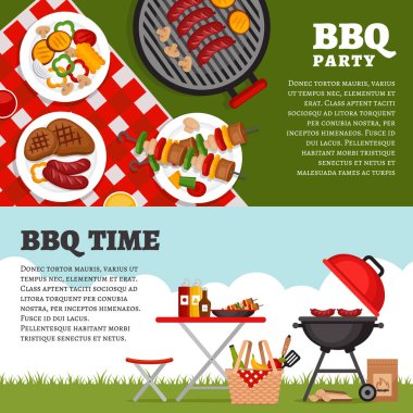 Barbekü partisi arka plan ızgara ile. Barbekü poster. Düz stil, vektör çizim. 