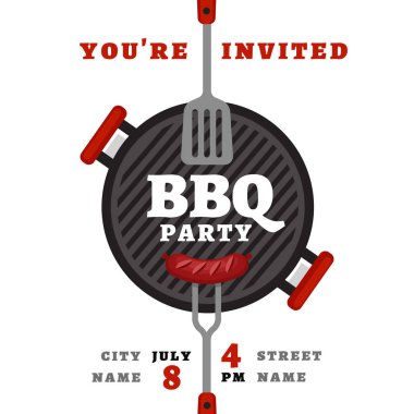 Barbekü partisi arka plan ızgara ile. Barbekü poster. Düz stil, vektör çizim. 