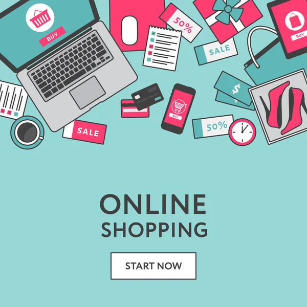 Online-Shopping-Konzept. Online-Shop Objekte und Banner. Tisch mit Laptop, Einkaufstaschen, Kreditkarten, Geschenken und Gutscheinen. flacher Stil, Vektorillustration. — Stockvektor