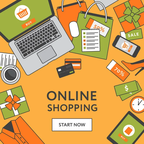 Online-Shopping-Konzept. Online-Shop Objekte und Banner. Tisch mit Laptop, Einkaufstaschen, Kreditkarten, Geschenken und Gutscheinen. flacher Stil, Vektorillustration. — Stockvektor