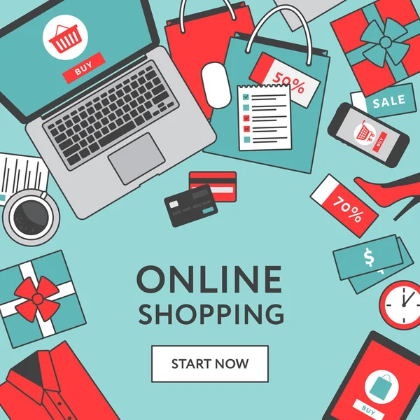 Concetto di shopping online. Negozio online oggetti e banner. Tavolo con laptop, shopping bag, carte di credito, regali e coupon. Stile piatto, illustrazione vettoriale . — Vettoriale Stock