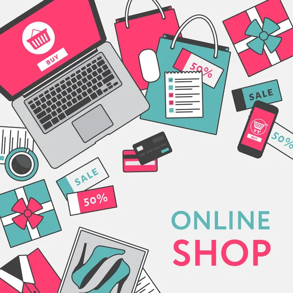 Conceito de compras online. Loja online de objetos e banner. Mesa com laptop, sacos de compras, cartões de crédito, presentes e cupons. Estilo plano, ilustração vetorial . — Vetor de Stock