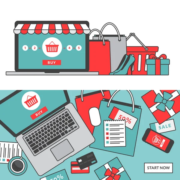 Concetto di shopping online. Negozio online oggetti e banner. Tavolo con laptop, shopping bag, carte di credito, regali e coupon. Stile piatto, illustrazione vettoriale . — Vettoriale Stock