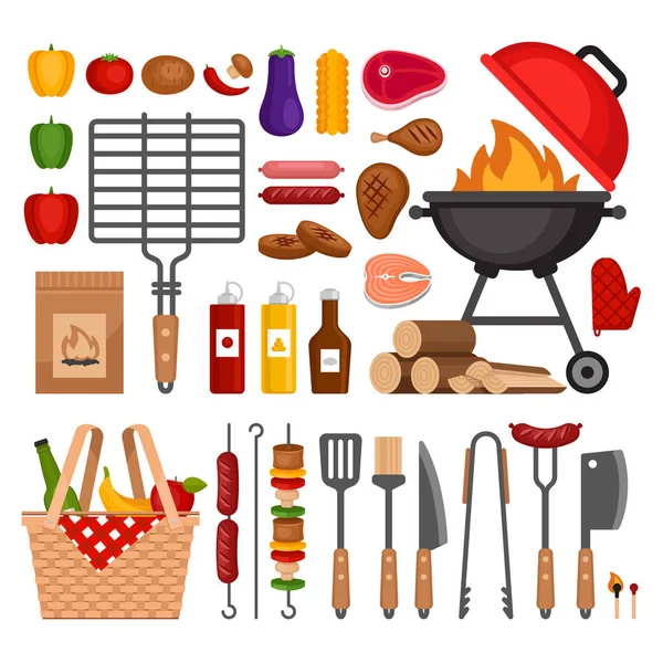 Bbq tools set. Barbecue grill  isolated elements. Flat style, vector illustration. — Stock Vector