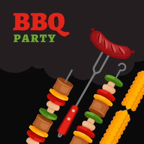 Bbq party фон с гриль-едой. Плакат барбекю. Плоский стиль, векторная иллюстрация . — стоковый вектор
