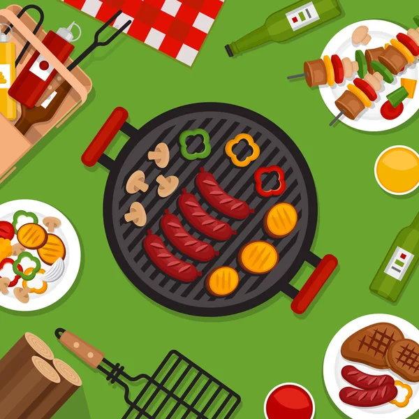 Bbq sfondo partito con griglia. Poster del barbecue. Stile piatto, illustrazione vettoriale . — Vettoriale Stock