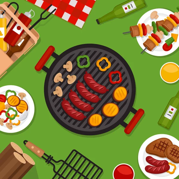 Fondo partido Bbq con parrilla. Cartel de barbacoa. Estilo plano, ilustración vectorial . — Vector de stock