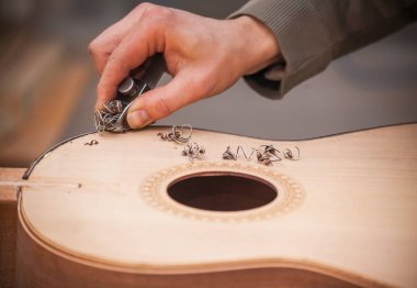 Ciddi profesyonel gitar üreticisi ile bitmemiş gitar Atölyesi'nde çalışma