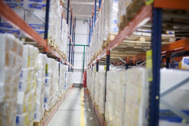 Shuchin, Belarus - 26 Ocak 2015. depolama depo rafları kargo kutuları