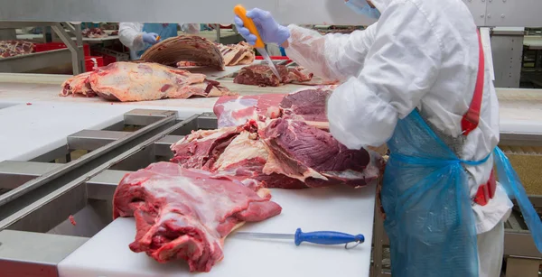 Cortar trabajadores de mataderos de carne en una fábrica de carne . —  Fotos de Stock