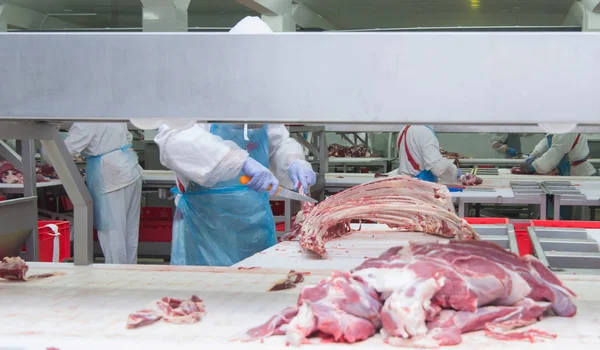 在肉厂切割肉类屠宰工人. — 图库照片