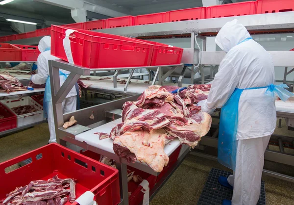 Cortar trabajadores de mataderos de carne en una fábrica de carne . —  Fotos de Stock