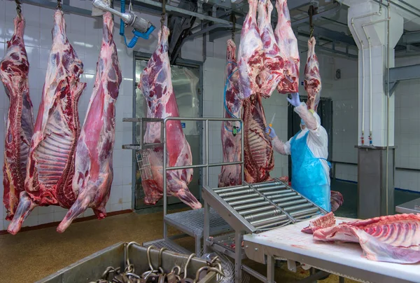 Découper les travailleurs d'abattoirs de viande dans une usine de viande . Images De Stock Libres De Droits