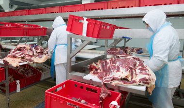 Mogilev, Beyaz Rusya - 24 Temmuz 2017: kesim et mezbahada çalışan bir et fabrikasında işçiler