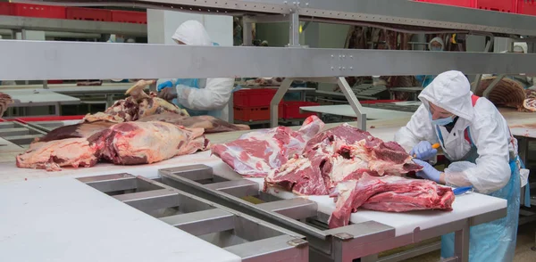 Mogilev Belarus Julho 2017 Corte Trabalhadores Matadouros Carne Uma Fábrica — Fotografia de Stock