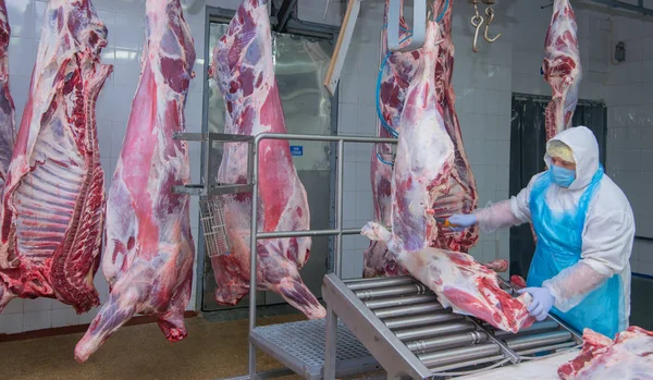 Mogilev Weißrussland Juli 2017 Schlachtarbeiter Einer Fleischfabrik Schneiden lizenzfreie Stockfotos