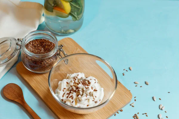 Soy Yogurt Flax Sunflower Seeds Glass Bowl Wooden Board Jar — Stock Photo, Image