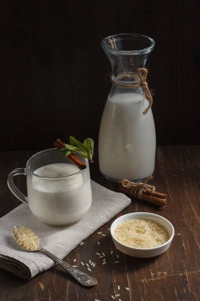 Arroz Leche Vegetal Vaso Copa Con Palo Canela Menta Fresca — Foto de Stock