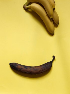 Koyu renk bir muz ve parlak bir arka planda bir demet taze muz.