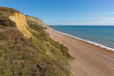 Dorset Jurassic coast beach Eype İngiltere İngiltere küçük Köyü Güney Doğu görünümüne Bridport